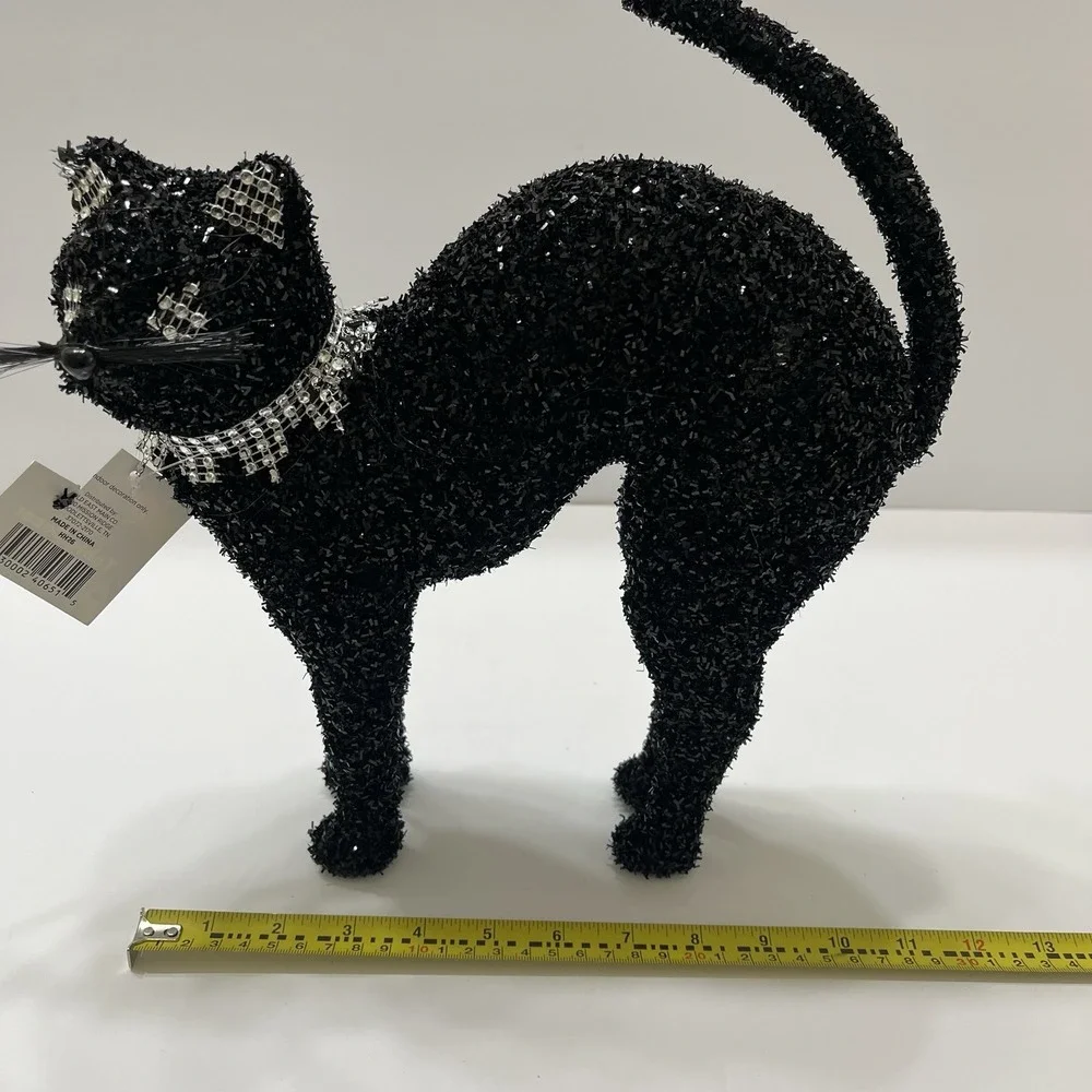Halloween Black Table Cat Sparkly Black Tinsel Rhinestone Collar Eyes Ears 12